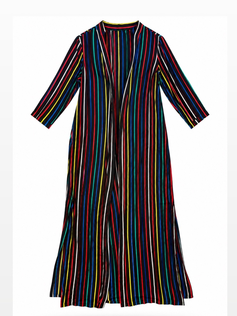 Open-Front Striped Long Cardigan - Black with Rainbow Stripes